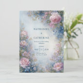 Misty Blue Ethereal Rose Border Wedding Einladung (Stehend Vorderseite)