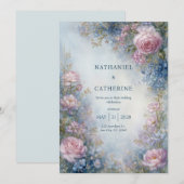 Misty Blue Ethereal Rose Border Wedding Einladung (Vorne/Hinten)