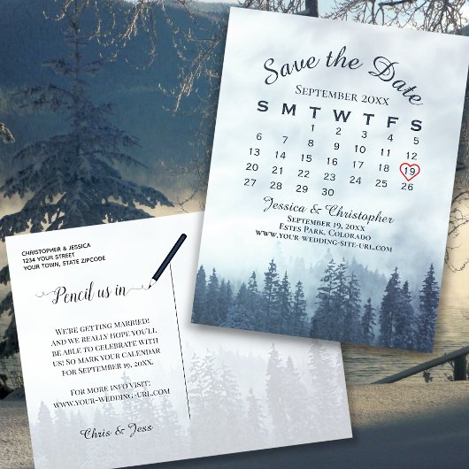 Misty Blue Forest Wedding Save the Date Calendar Ankündigungspostkarte
