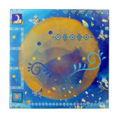 Misty Blue & Golden Mexican Art Luxury Deco Fliese (Vorderseite)