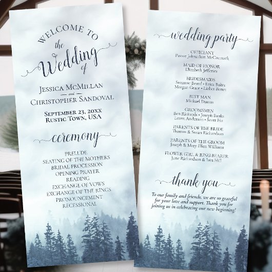 Misty Blue Mountain Pine Forest Rustikale Hochzeit Programm