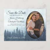 Misty Blue Mountains Oval Foto Save the Date Ankündigungspostkarte (Vorderseite)