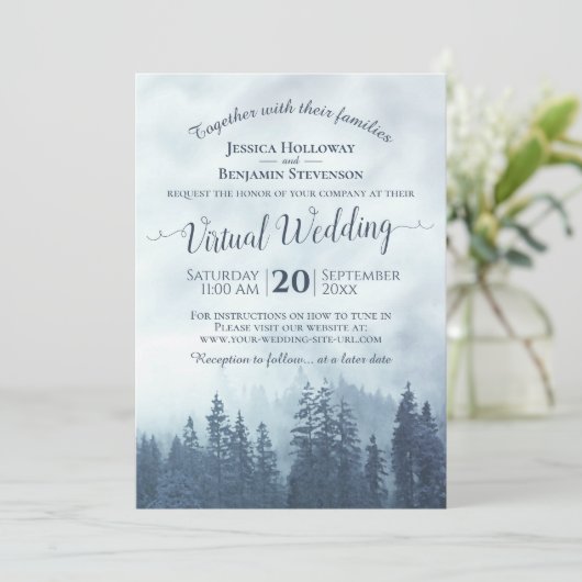 Misty Blue Mountains Rustic Virtual Wedding Einladung (Stehend Vorderseite)