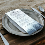 Misty Blue Pine Tree Rustikale Elegance Hochzeit Menükarte<br><div class="desc">Dieses Hochzeitsmenü ist einfach,  rustikal und elegant. Es besitzt einen extravaganten Schriftzeichen-Titel mit einer waldreichen Bergkulisse blaue Fichtenkiefern,  die in Nebel oder Nebel umhüllt sind. Die Rückseite ist eine tiefe Marmorwald grüne Farbe. Ideal für einen Empfang im Freien.</div>