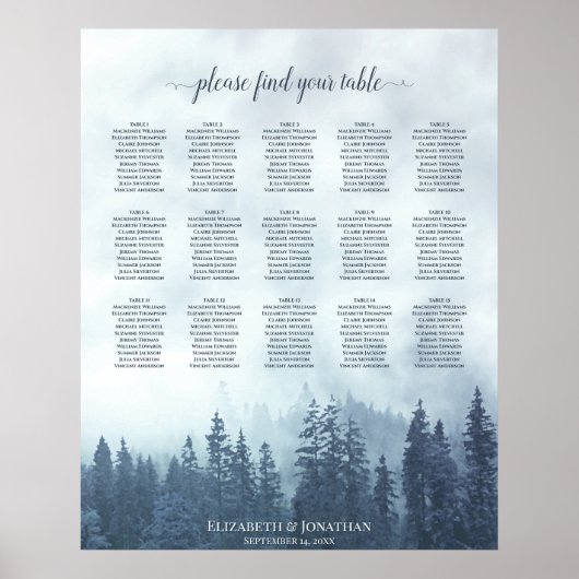 Misty Blue Pines 15 Table Wedding Seating Chart Poster (Vorne)