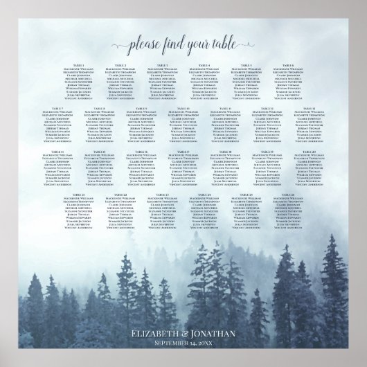 Misty Blue Pines 26 Table Wedding Seating Chart Poster (Vorne)
