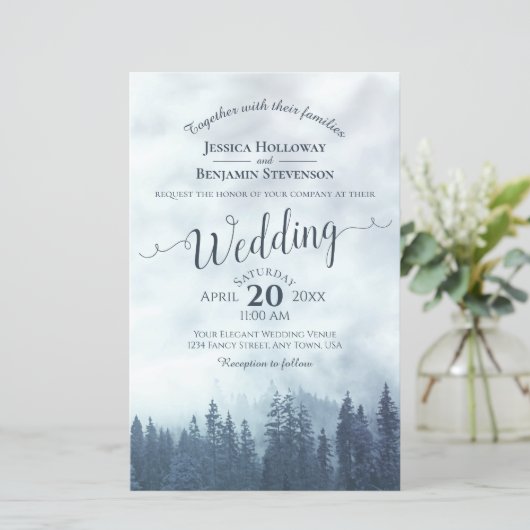 Misty Blue Pines BUDGET Einladung zur Hochzeit (Stehend Vorderseite)