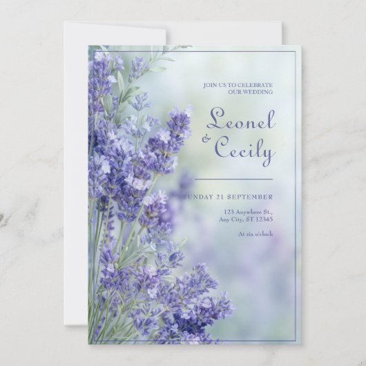 Misty Blue Romantic Lavender Frame Einladung (Vorderseite)