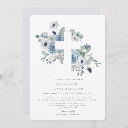Misty Blues Cross Baptisse Christening Einladung (Vorne/Hinten)