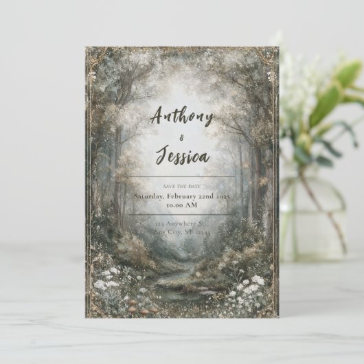 Misty Enchanted Forest Wedding Einladung (Stehend Vorderseite)