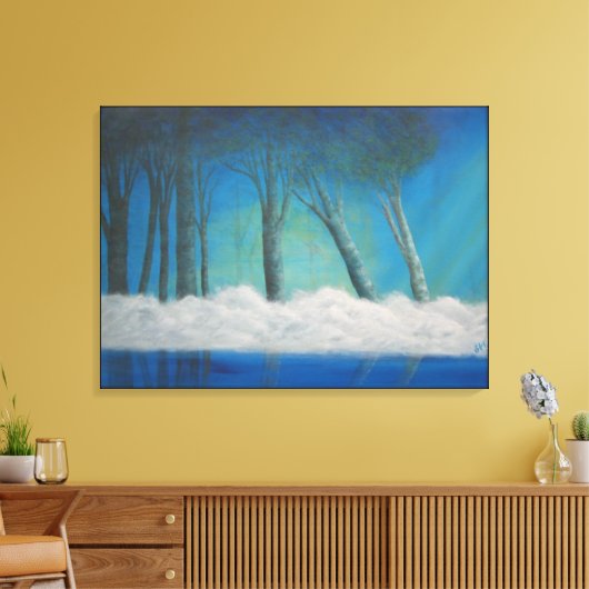 Misty Forest Blue River Reflections Leinwanddruck (Insitu (Wohnzimmer))