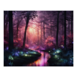 Misty Forest Firefly Lights Poster