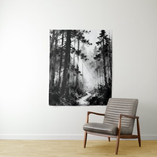 Misty Forest Path Tapestry | Sunlight Through Pine Wandteppich (Beispiel)