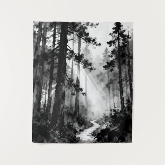 Misty Forest Path Tapestry | Sunlight Through Pine Wandteppich (Vorderseite)