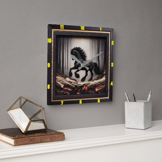 Misty Gallop: Individualisierbarer, karierter Wood Quadratische Wanduhr (Büro)