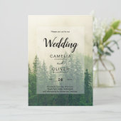 Misty Green Forest Mountain Pine Trees Wedding Einladung (Stehend Vorderseite)