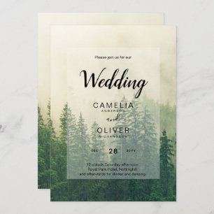 Misty Green Forest Mountain Pine Trees Wedding Einladung