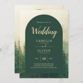 Misty Green Forest Mountain Pine Trees Wedding Einladung
