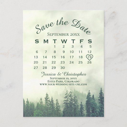 Misty Green Forest Wedding Save the Date Calendar Ankündigungspostkarte (Vorderseite)