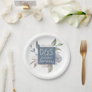 Misty Lake Dusty Floral Always Forever Monogram Pappteller