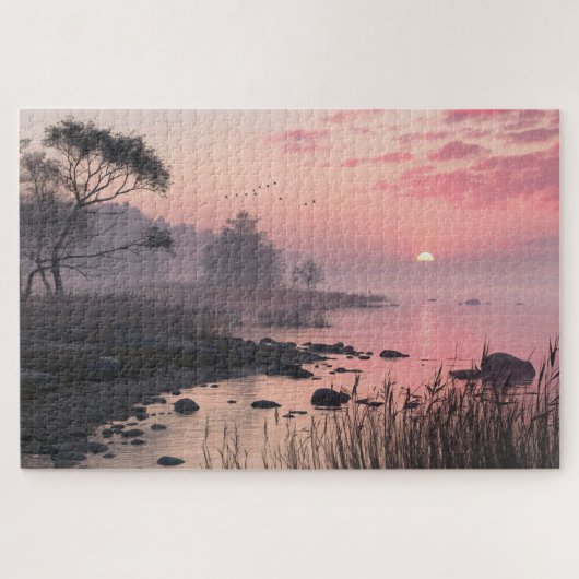 Misty Lake Sunset Puzzle Romantische Rosa Kunst, D (Horizontal)