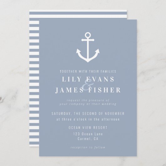 Misty Morning Blue Gray Nautical Anchor Wedding in Einladung (Vorne/Hinten)