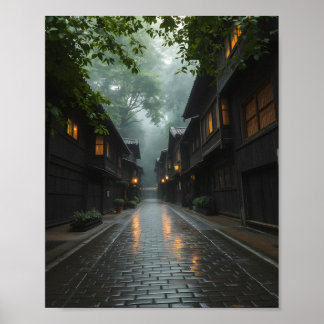 Misty Morning in einem japanischen Dorf Poster
