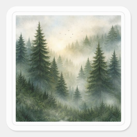 Misty morning in pine forest aesthetic quadratischer aufkleber (Vorderseite)