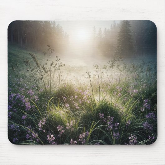 Misty Morning Wiese mit Wildblumen Mousepad (Vorne)