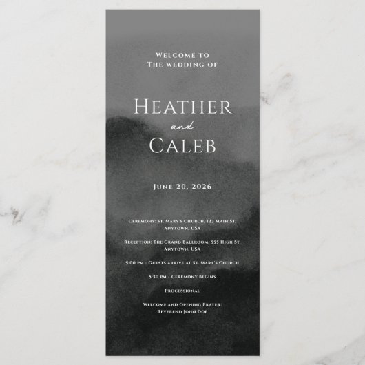 Misty Mountain Black Watercolor Wedding Programm (Vorderseite)