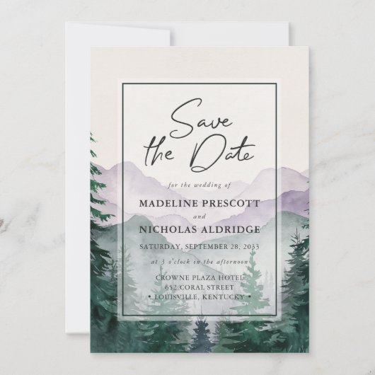 Misty Mountain Forest Script Save the Date Card Einladung (Vorderseite)