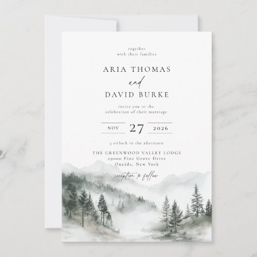 Misty Mountain Forest Wedding Einladung (Vorderseite)