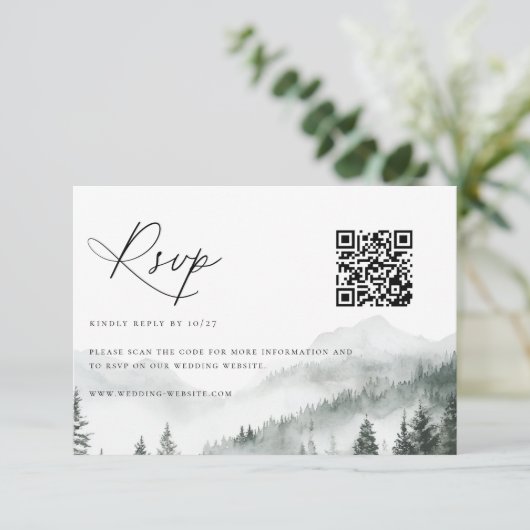Misty Mountain Forest Wedding QR Code RSVP Karte (Stehend Vorderseite)
