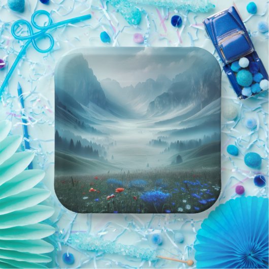 Misty Mountain Valley mit Wildblumen Pappteller (Party)