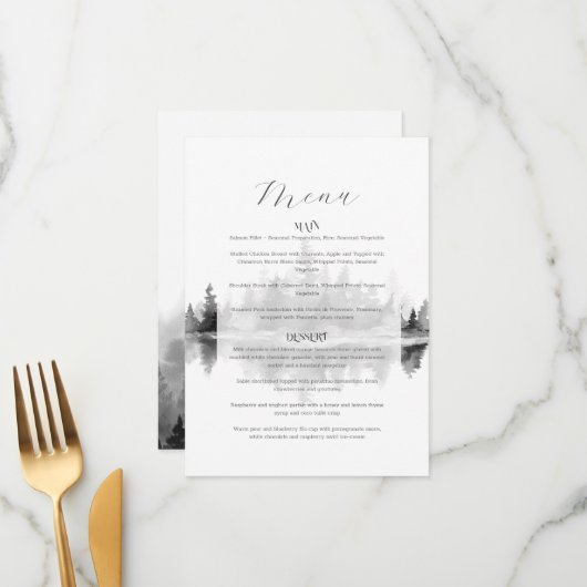Misty Mountain Wedding Menükarte (Vorderseite/Rückseite Beispiel)