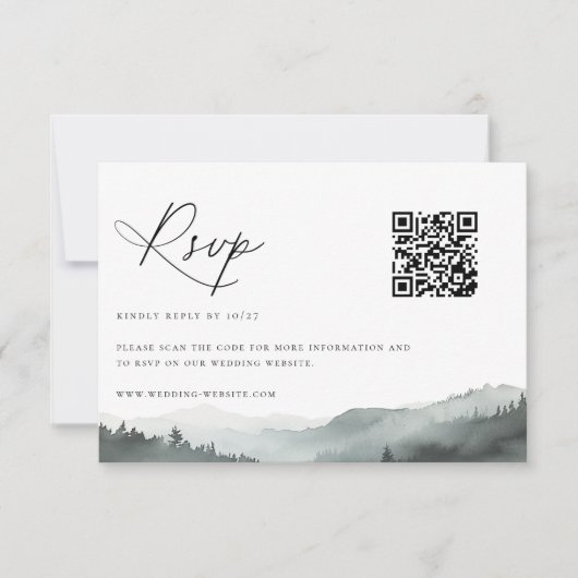 Misty Mountain Wedding QR Code RSVP Karte (Vorderseite)