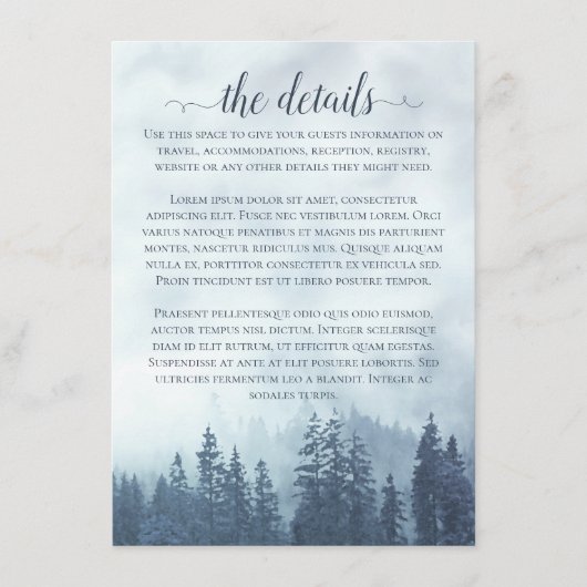 Misty Mountains Blue Pine Forest Wedding Details Begleitkarte (Vorderseite)