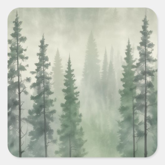 Misty Pine Forest Serenity Quadratischer Aufkleber (Vorderseite)