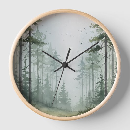 Misty Pine Forest Wall Clock - Green & Grey Design Uhr (Vorderseite)