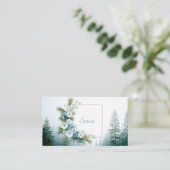Misty Pine Forest White and Blue Floral Frame Visitenkarte (Stehend Vorderseite)
