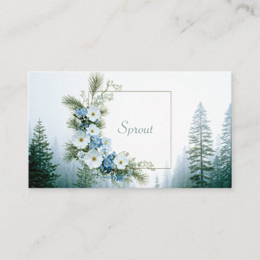 Misty Pine Forest White and Blue Floral Frame Visitenkarte (Vorderseite)