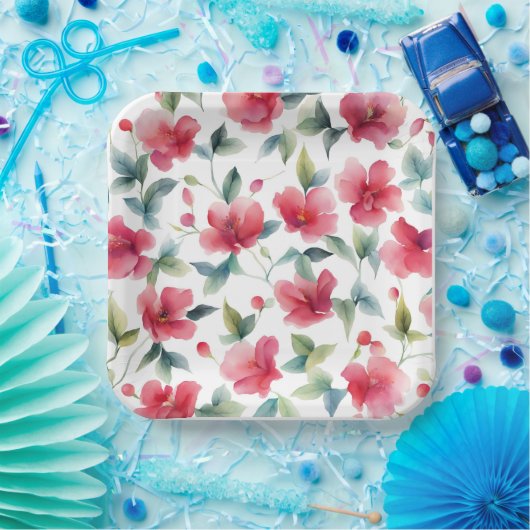 Misty Red Floral Pattern Pappteller (Party)