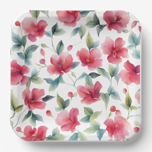 Misty Red Floral Pattern Pappteller (Vorderseite)