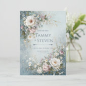 Misty Teal Watercolor Ivory Rose Wedding Einladung (Stehend Vorderseite)