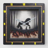 Misty Trail: Maßgeschneidertes Holzschnitzel Fries Quadratische Wanduhr (Vorderseite)