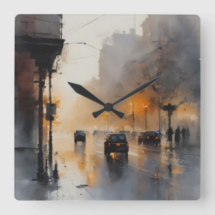 Misty Urban Abend Quadratische Wanduhr