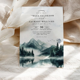 Misty Watercolor Mountain Pine Forest Wedding Einladung