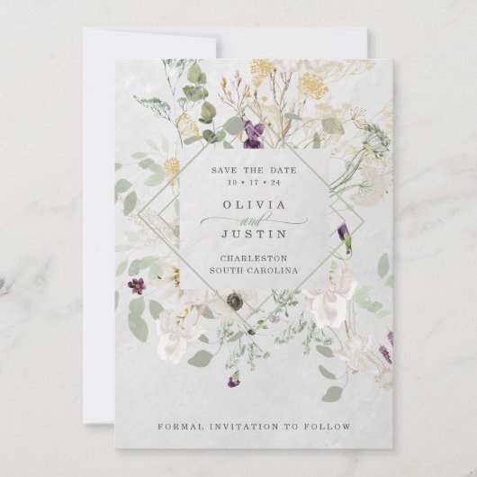 Misty Wildblumen | Delicate Geometric Grau Back Save The Date (Vorderseite)