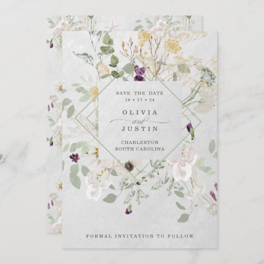 Misty Wildblumen | Delicate Gray Geometric Save The Date (Vorne/Hinten)