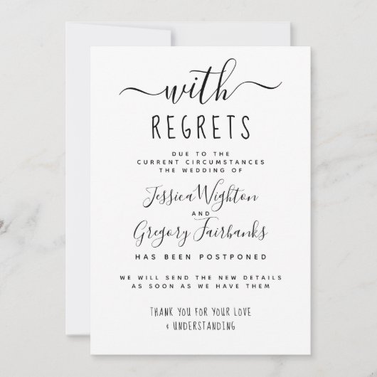 Mit Bedauern Schwarz-Weiß-Hochzeit verschoben Einladung (Vorderseite)